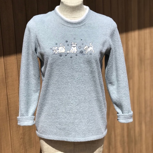 Vintage Cat Fleece Sweatshirt Embroidered Applique Gray Women's Petite S PS 1980 - Picture 2 of 8